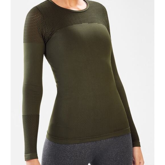 Fabletics Women Musetta Seamless Long Sleeve Top Size L Green Mesh Panel Gymwear - Picture 1 of 8